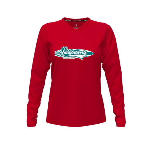 [CUS-DFW-TEES-CMF-VNK-LSL-RED-FYXS-LOGO1] Comfort T-Shirt (Female Youth XS, Red, V Neck, Logo 1, Long Sleeve)