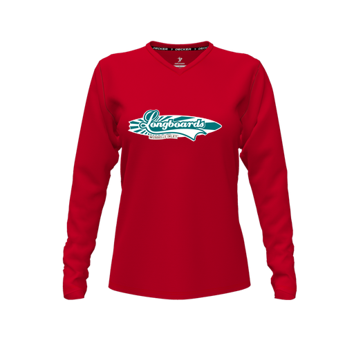 [CUS-DFW-TEES-PER-VNK-LSL-RED-FYXS-LOGO1] Performance T-Shirt (Female Youth XS, Red, V Neck, Logo 1, Long Sleeve)